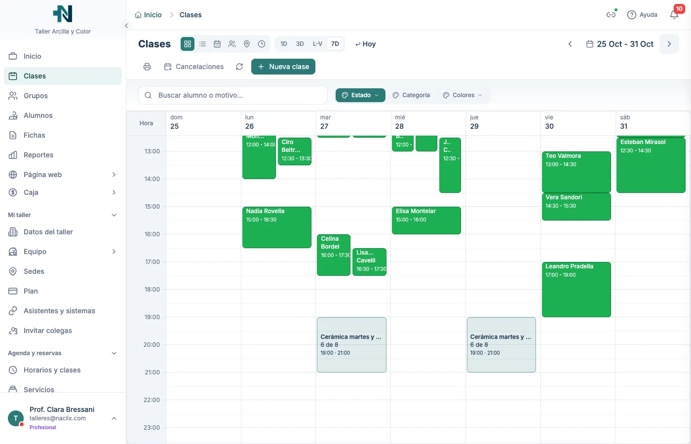 Las clases del grupo en la agenda