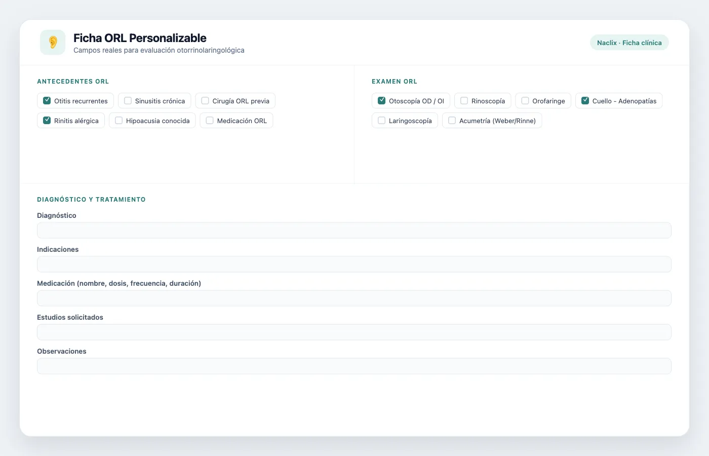 Ficha ORL personalizable