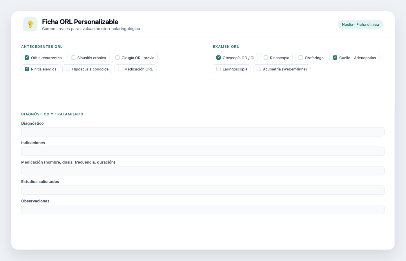 Ficha ORL personalizable